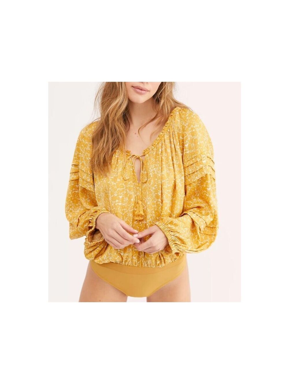 Intimately Free People Bodysuit Women’s XS Yellow All Tucks Printed Tassel